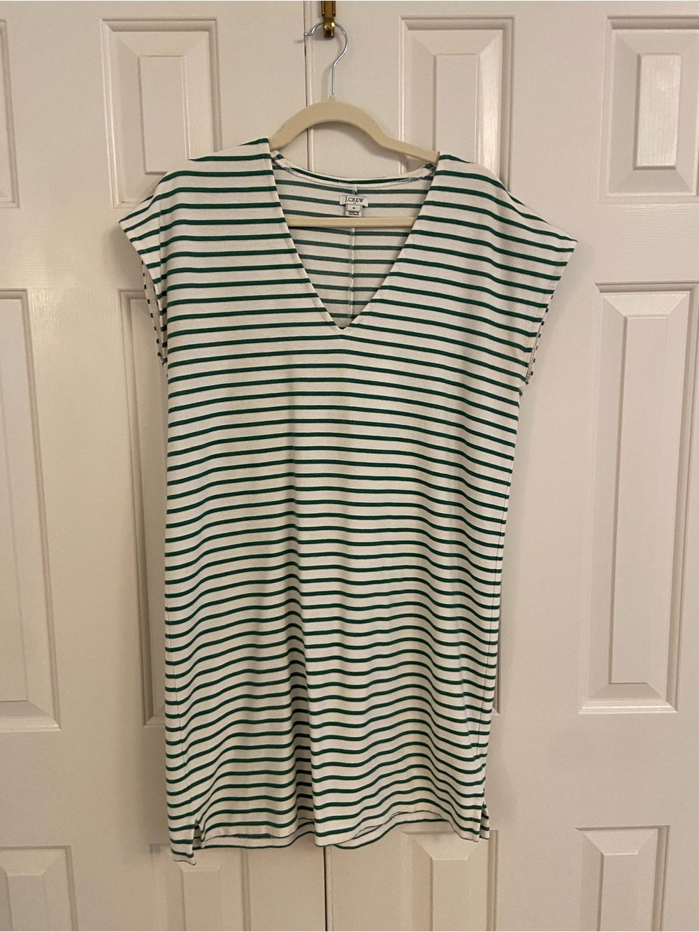 J. Crew Green and White Striped V-Neck Midi Dress